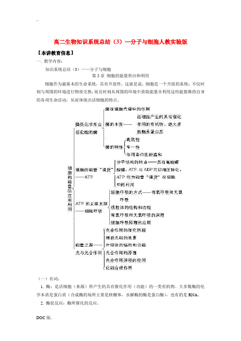 高二生物知识系统总结(3)—分子与细胞人教实验版知识精讲