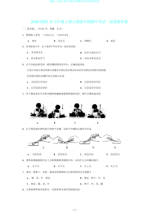 2019七年级上册人教版生物期中考试试卷附答案