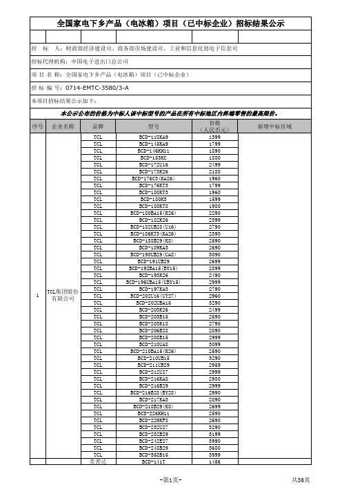 全国家电下乡产品(电冰箱)项目(已中标企业)招标结果公示