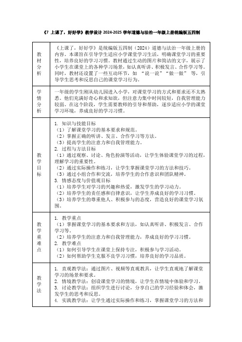 《7 上课了,好好学》教学设计2024-2025学年道德与法治一年级上册统编版五四制(2024)