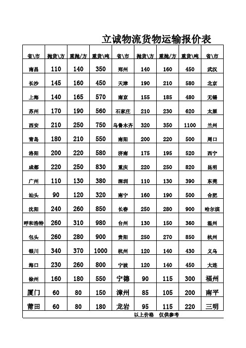 立诚物流全国统一报价表