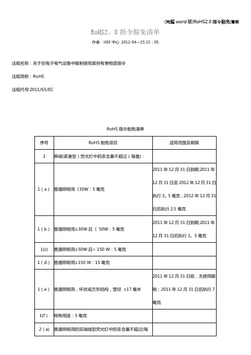 (完整word版)RoHS2.0指令豁免清单