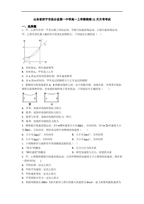 山东省济宁市鱼台县第一中学高一上学期物理11月月考考试