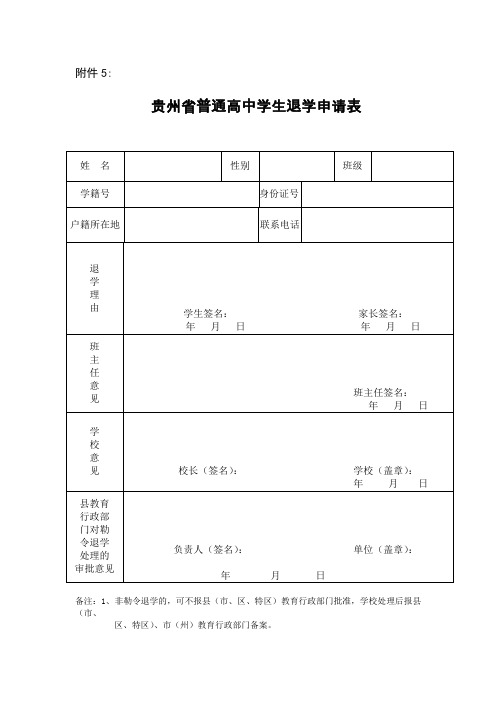 贵州省普通高中学生退学申请表