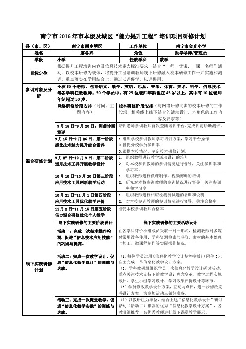 (南宁市金光小学)南宁信息技术骨干培训工作表单(研修计划2016)