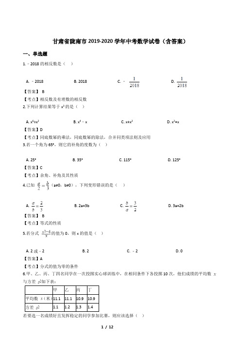 甘肃省陇南市2019-2020学年中考数学试卷(含答案)