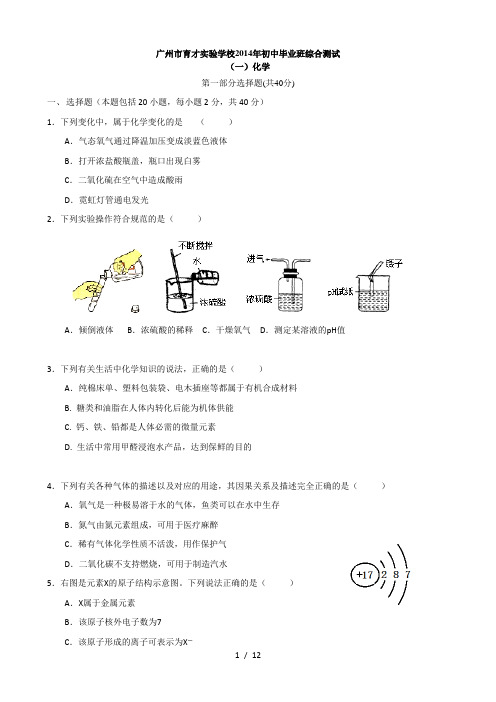 2014育才实验九年级化学一模考