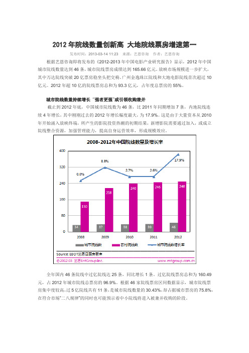 2012艺恩咨询关于全国电影院线全年发展情况的分析