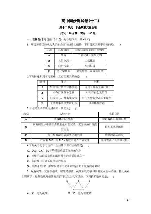 高中同步测试卷·人教化学必修1：高中同步测试卷(十二) Word版含答案