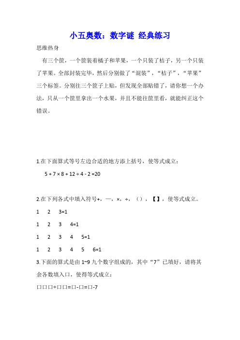 小五奥数：数字谜 经典练习