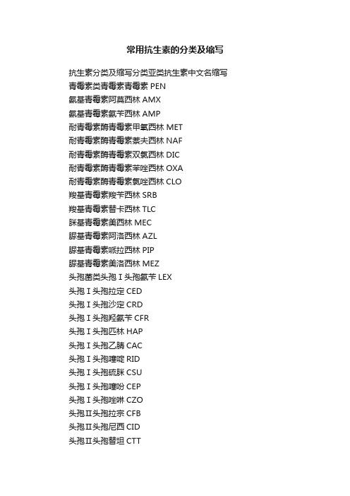 常用抗生素的分类及缩写