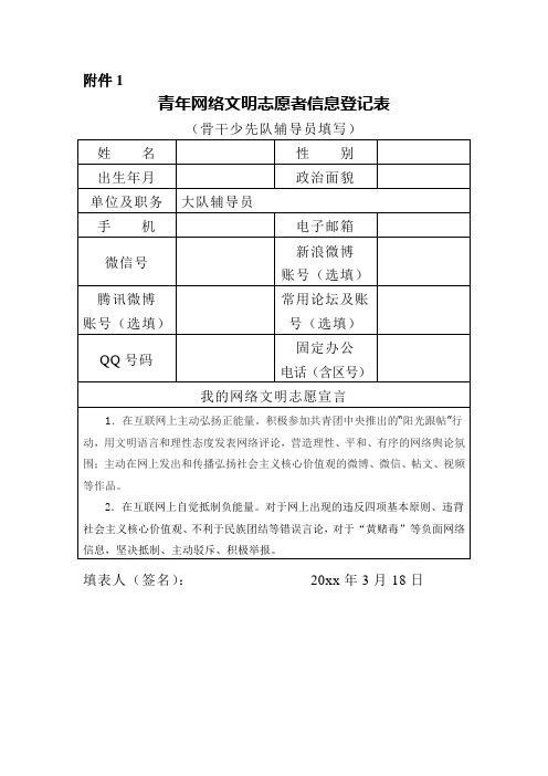 青年网络文明志愿者信息登记表