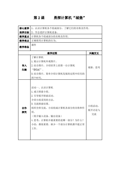 第2课 勇探计算机“城堡” 教案(表格式)武汉版小学信息科技