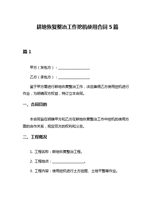 耕地恢复整治工作挖机使用合同5篇