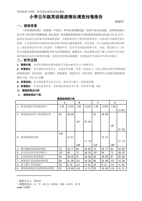 小学五年级英语阅读情况调查问卷报告培训资料