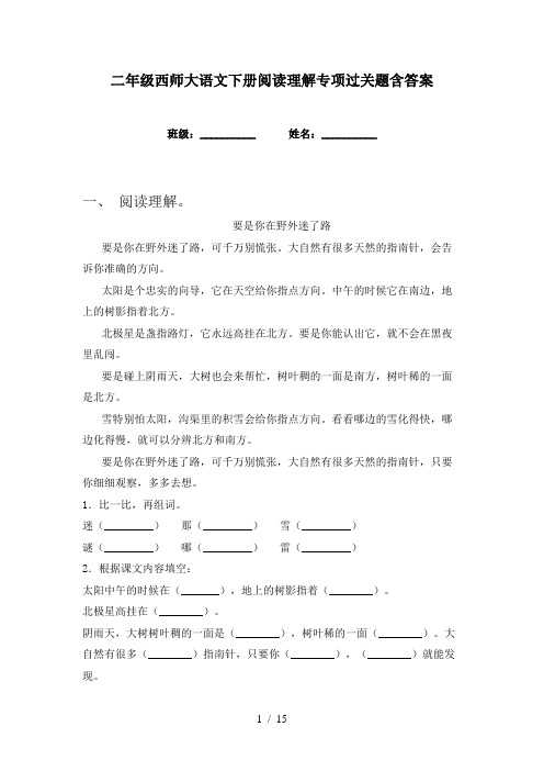 二年级西师大语文下册阅读理解专项过关题含答案