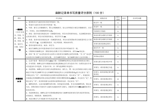 麻醉记录单书写质量重点标准