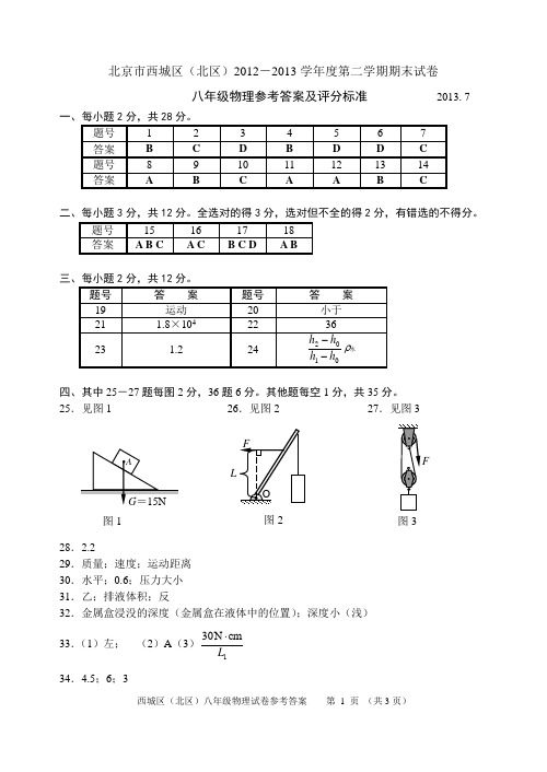 2013.07北京市西城区初二物理期末试题答案