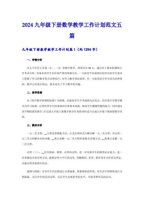 2024九年级下册数学教学工作计划范文五篇