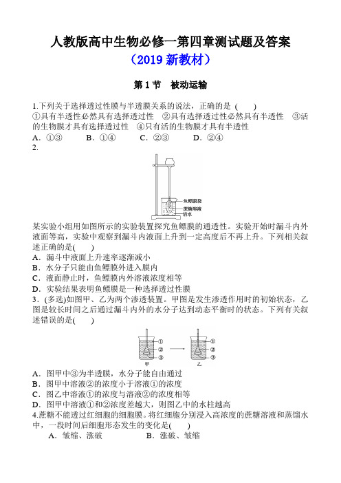 人教版高中生物必修一第四章测试题及答案