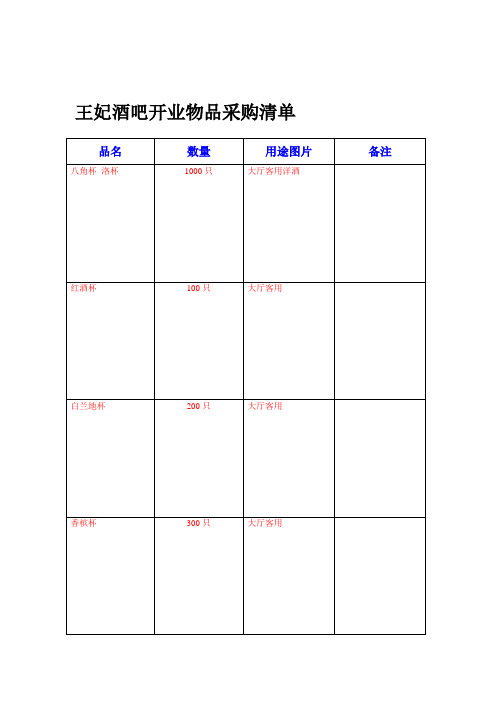 王妃酒吧开业物品采购清单