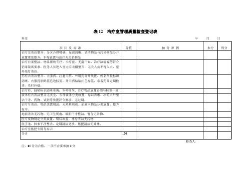 表12  治疗室管理质量检查登记表