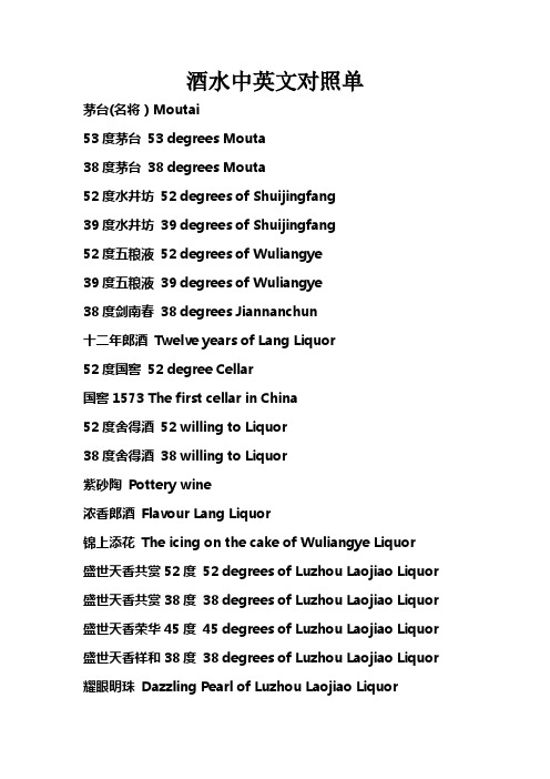 酒水中英文对照单