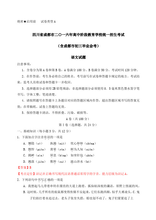 四川省成都市中考试题语文卷及答案解析版