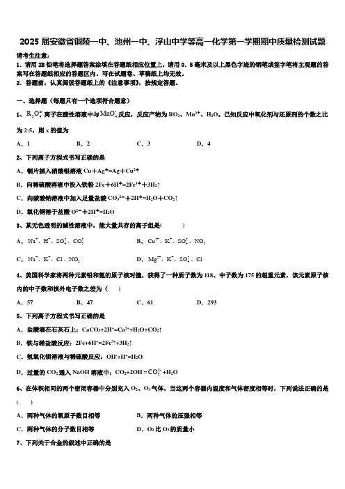 2025届安徽省铜陵一中、池州一中、浮山中学等高一化学第一学期期中质量检测试题含解析