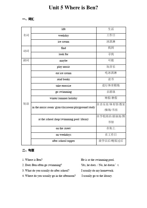 广州版小学英语五年级上册 Unit 5 Where is Ben单词短语课文翻译知识点重点总结(含习题和答案)