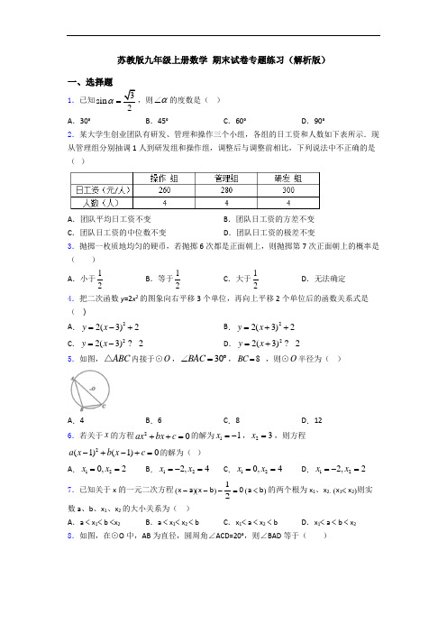 苏教版九年级上册数学 期末试卷专题练习(解析版)