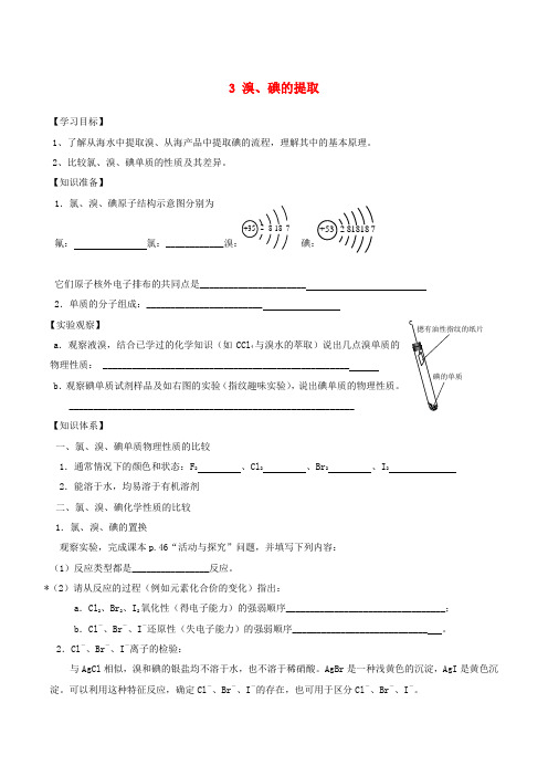 2020学年高中化学 专题二 第一单元 3 溴、碘的提取学案(无答案)苏教版必修1