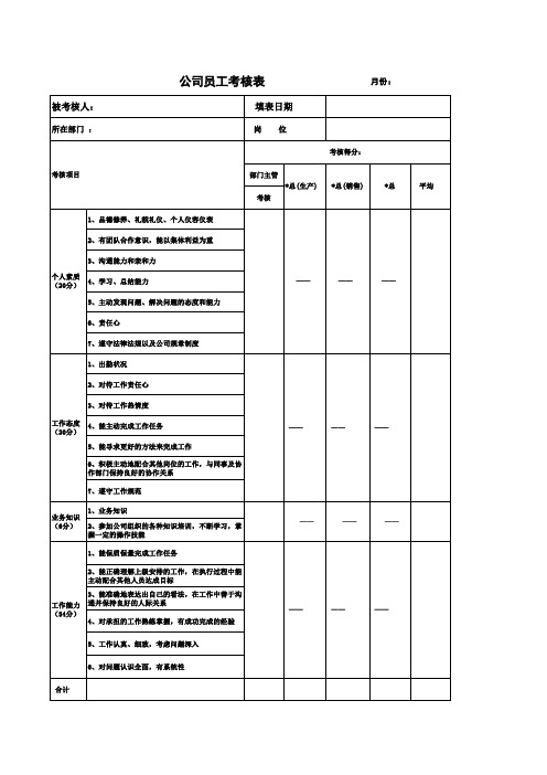 员工 月度考核 表