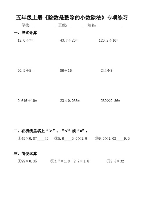 人教版小学数学五年级上册《除数是整除的小数除法》专项练习