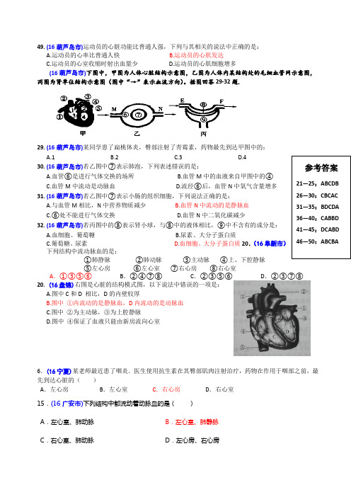 2016年中考生物题汇编(含答案)18心脏循环选择