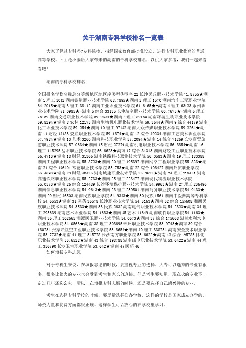 关于湖南专科学校排名一览表