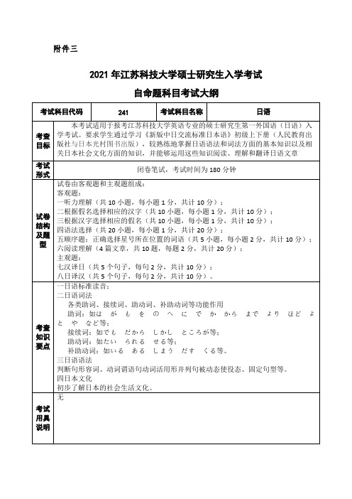江苏科技大学241日语2021年考研专业课初试大纲