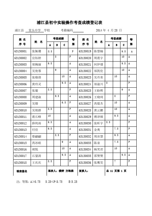 浦江县初中实验操作考查成绩登记表