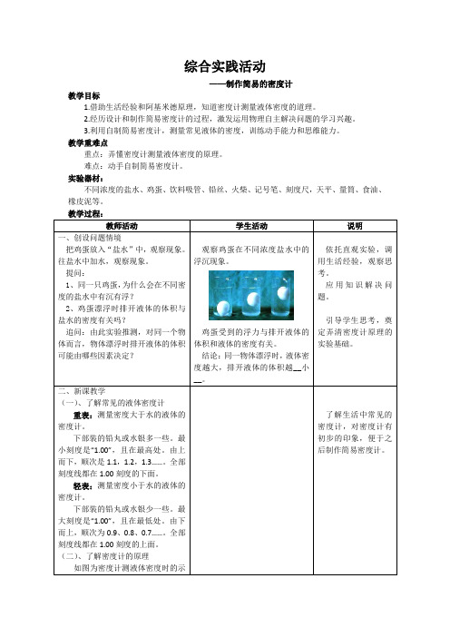 苏科版八下物理 10.6综合实践活动 制作简易的密度计 教案设计