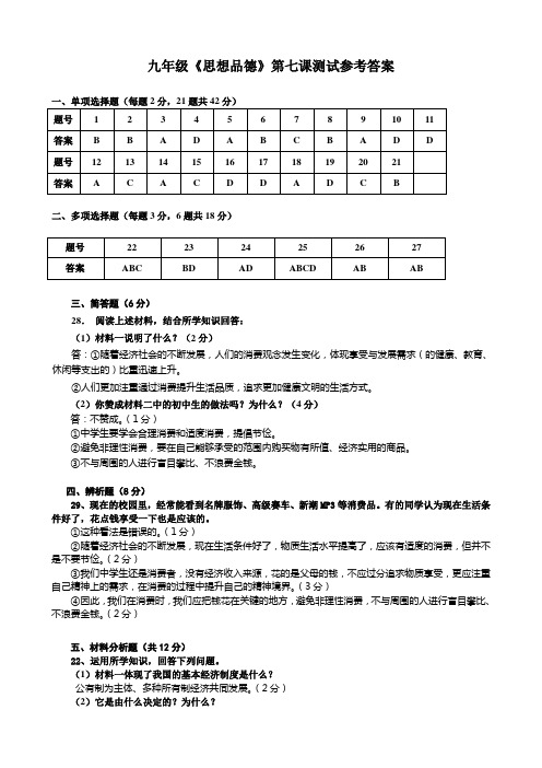 初三政治第七课测验卷答案