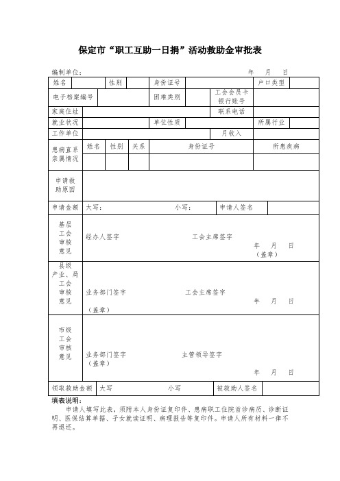 保定市职工互助一日捐活动救助金审批表