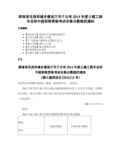 湖南省住房和城乡建设厅关于公布2014年度土建工程专业初中级职称资格考试合格分数线的通知