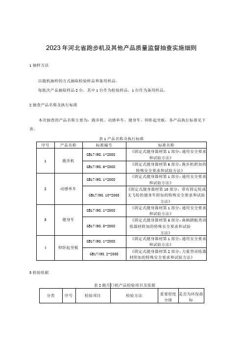 2023年河北省跑步机及其他产品质量监督抽查实施细则