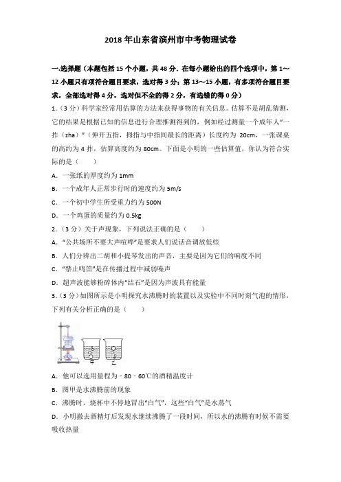 [精品]2018年山东省滨州市中考物理试卷及解析