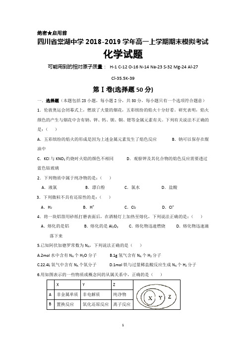 四川省棠湖中学2018-2019学年高一上学期期末模拟化学试题+Word版含答案