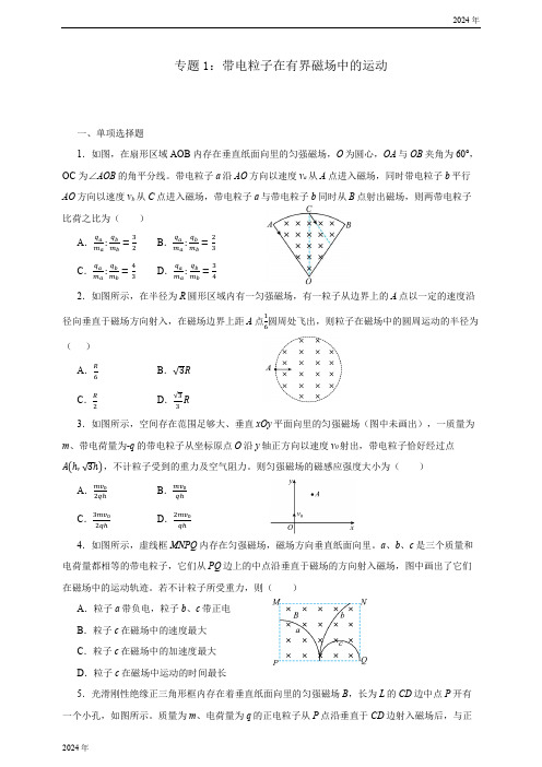 第一章  专题1：带电粒子在有界磁场中的运动 (有答案) 高二物理人教版(2019)选择性必修第二册