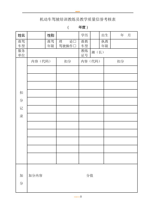 机动车驾驶培训教练员教学质量信誉考核表