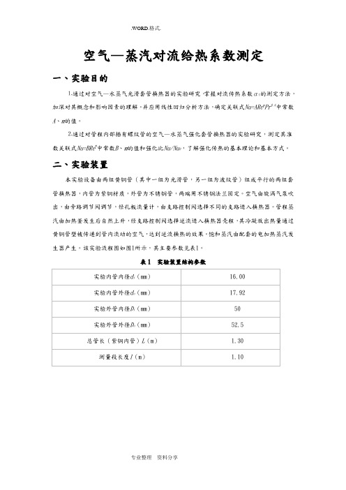 空气_蒸汽对流给热系数测定实验报告和数据、答案解析