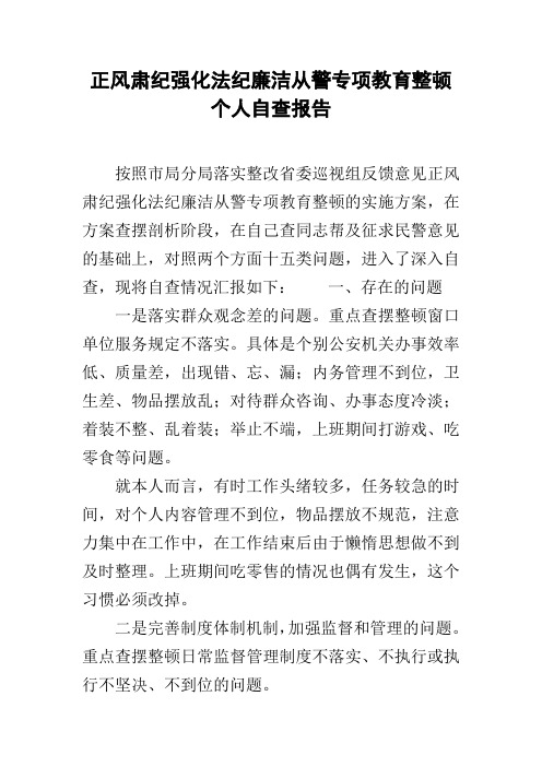 正风肃纪强化法纪廉洁从警专项教育整顿个人自查报告