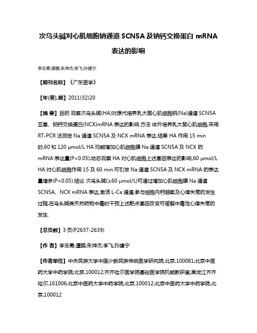 次乌头碱对心肌细胞钠通道SCN5A及钠钙交换蛋白 mRNA表达的影响